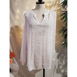 Per Se Crochet Lace Gauzy Tunic Peasant Top Womens Size 1X White Hippie Boho